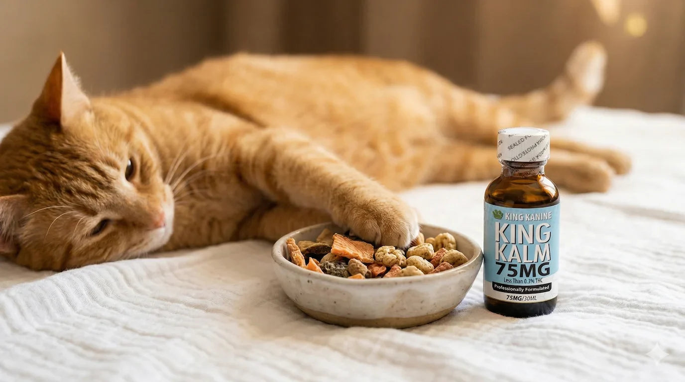 Orange cat lying next to bowl of calming treats and King Kalm CBD 75mg bottle
