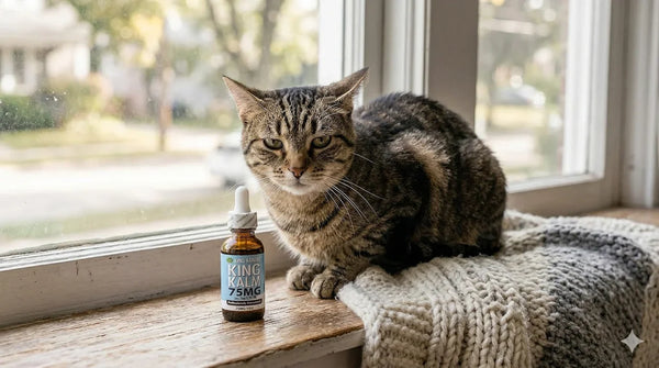 Tabby cat sitting on windowsill next to King Kalm CBD 75mg bottle