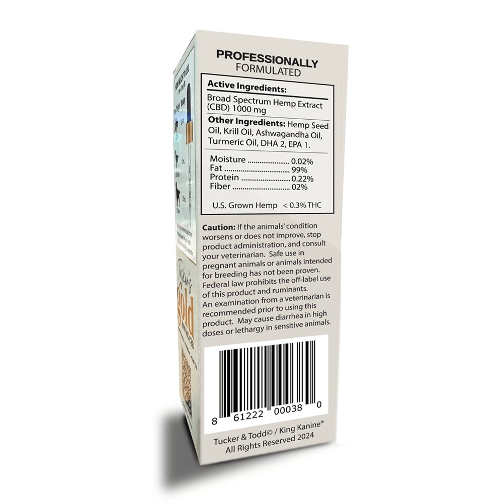 Tucker's Gold 1000MG CBD extract for pets, showing ingredient list and nutritional information on the back of the package.