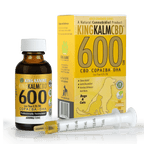 KING KALM 600mg CBD oil for dogs and cats, featuring a brown bottle, yellow box, and a dosing syringe.