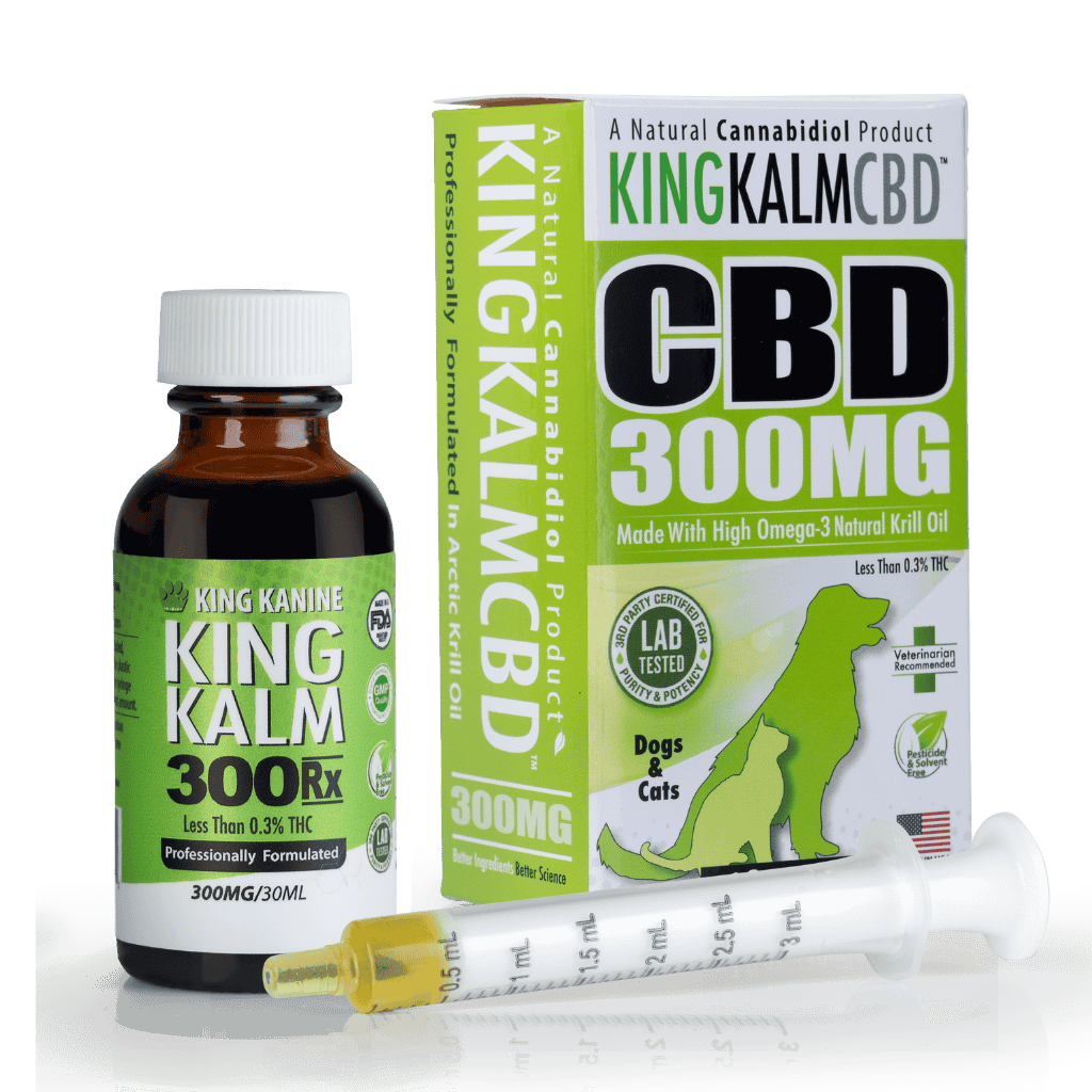 KING KALM CBD 300mg large pet formula with a brown bottle, syringe, and green packaging on a white background.
