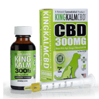 KING KALM CBD 300mg large pet formula with a brown bottle, syringe, and green packaging on a white background.