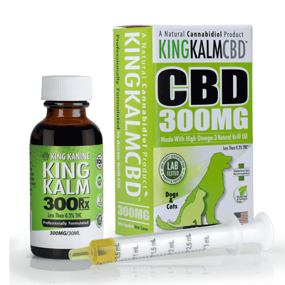 KING KALM CBD 300mg large pet formula with a brown bottle, syringe, and green packaging on a white background.