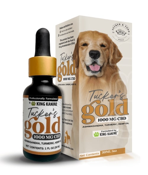 Pet CBD oil packaging featuring a happy golden retriever.