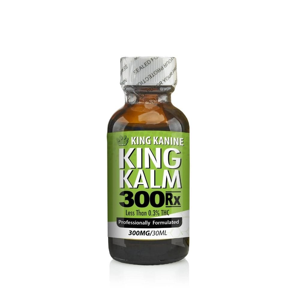 KING KALM CBD 300mg bottle for large pets, featuring a green label and a sealed cap, designed for dogs 45 to 65 lbs.